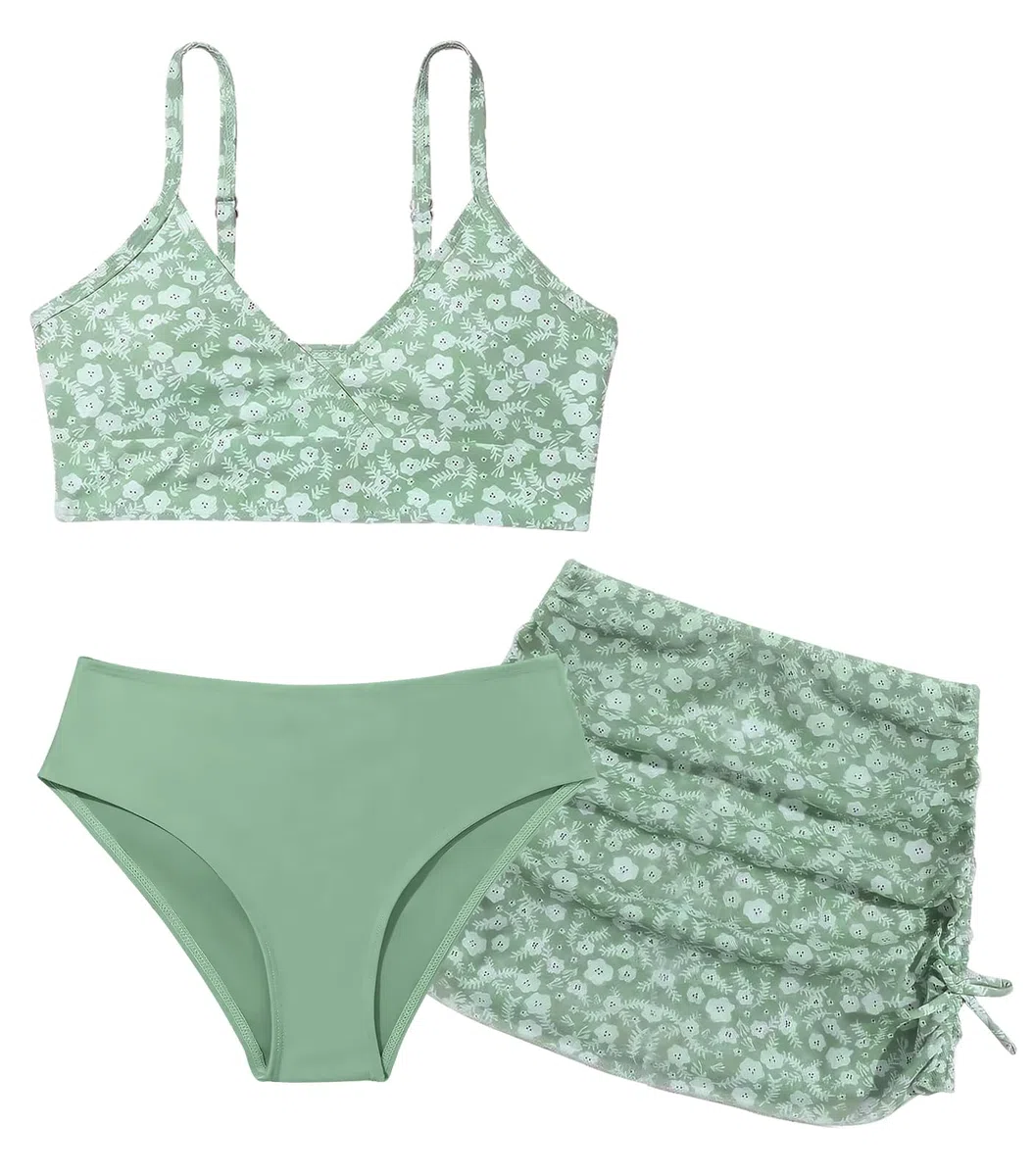 SEAUR Mädchen Bikini Set mit Rock 3 Teilig Badebekleidung Gepolstert Teenager Bademode Modisch Gedruckt Badeanzug Kinder 120-170cm