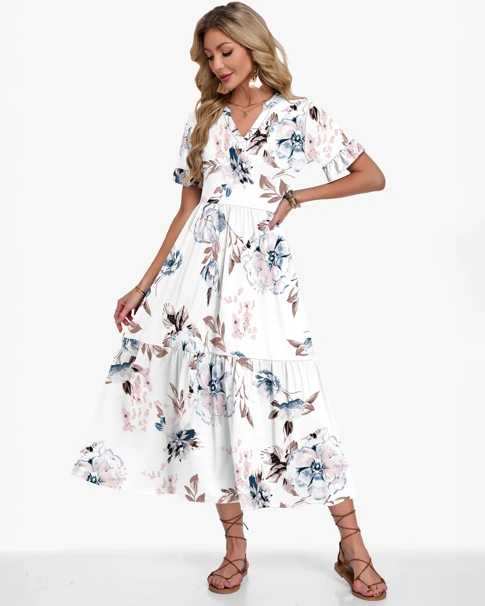 AUSELILY Sommerkleid Damen Lang V Ausschnitt Maxikleider Damen Sommer Rüschen Kurzarm Strandkleid mit Taschen Elastischer Taille