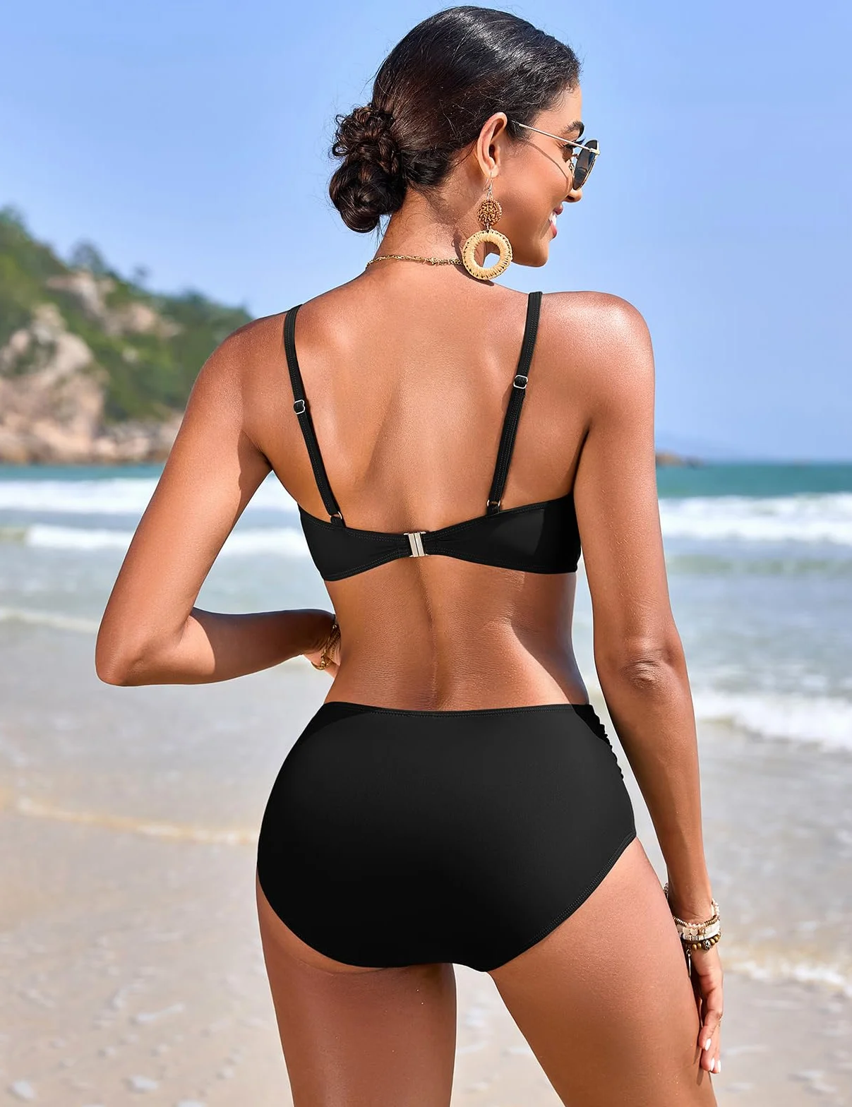 Nadeer Damen Bikini Set V Ausschnitt Crossover Zweiteiliger Badeanzug mit Perlen Elegant High Waist Bademode Push Up Bauchweg Swimsuit