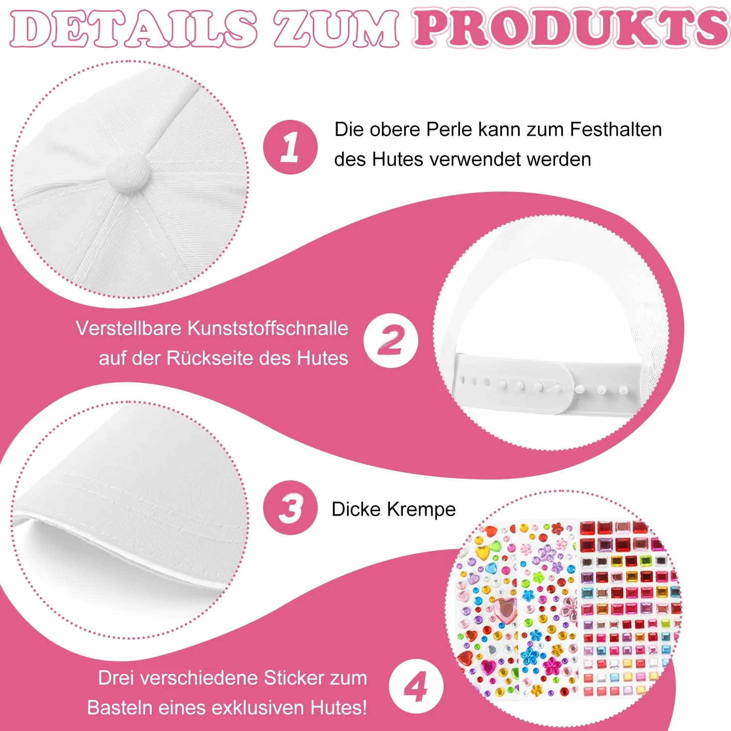Voarge 6 Stück Kinder Kappen zum Bemalen,DIY Baseballkappe,Baseballcap Anstrich Hut Mütze Kinder Baseballmütze mit 3 Pcs Edelstein Aufklebern