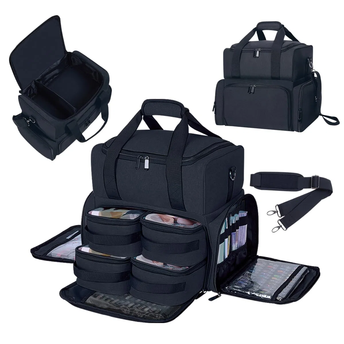 Große Kosmetiktasche mit Abnehmbaren Make-up-Tasche Schwarz | mit 4 abnehmbaren Doppelschicht Reiseveranstalter Make-up-Tasche mit Innenteilern und Bürsten Aufbewahrungsbereich