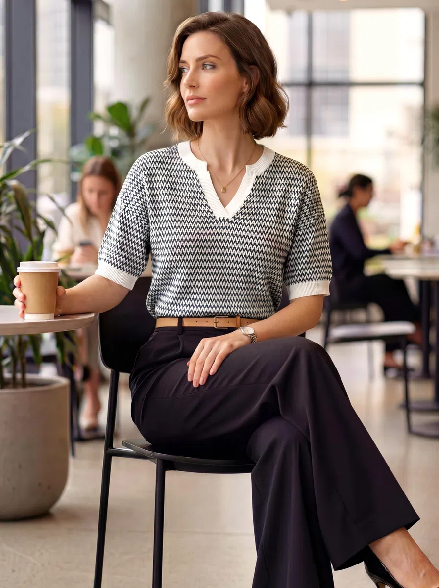 Arach&Cloz Pullover Damen Baumwolle Sommer Kurzarm Strickpullover Polo V-Ausschnitt Oberteile Tops