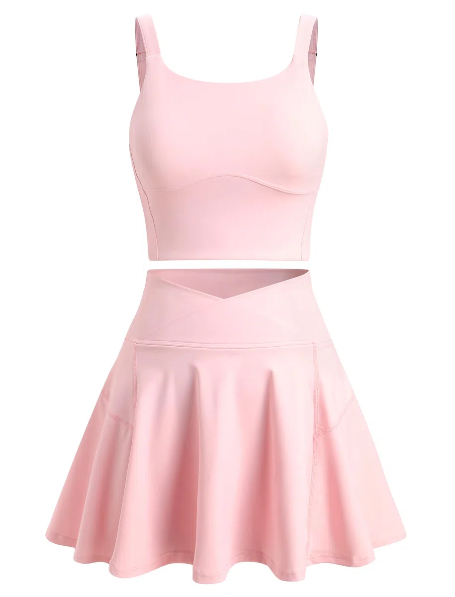 Tenniskleid Damen mit Hose und Taschen: Zweiteiler Sommerkleid Tennisrock + Träger Top mit integriertem BH - Sportkleid für Tennis Golf Yoga Gym