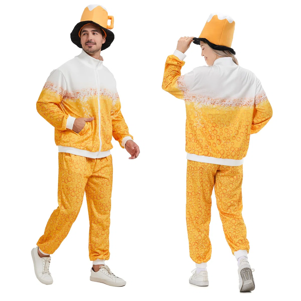 Bier Trainingsanzug Kostüm für Männer Frauen Retro 80er Jahre Outfit Bier Jogginganzug Karnevalskostüm