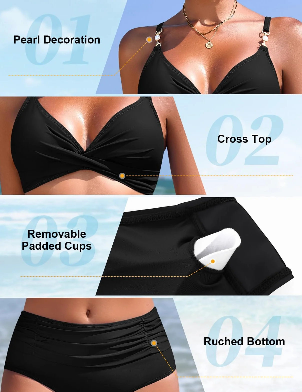 Nadeer Damen Bikini Set V Ausschnitt Crossover Zweiteiliger Badeanzug mit Perlen Elegant High Waist Bademode Push Up Bauchweg Swimsuit