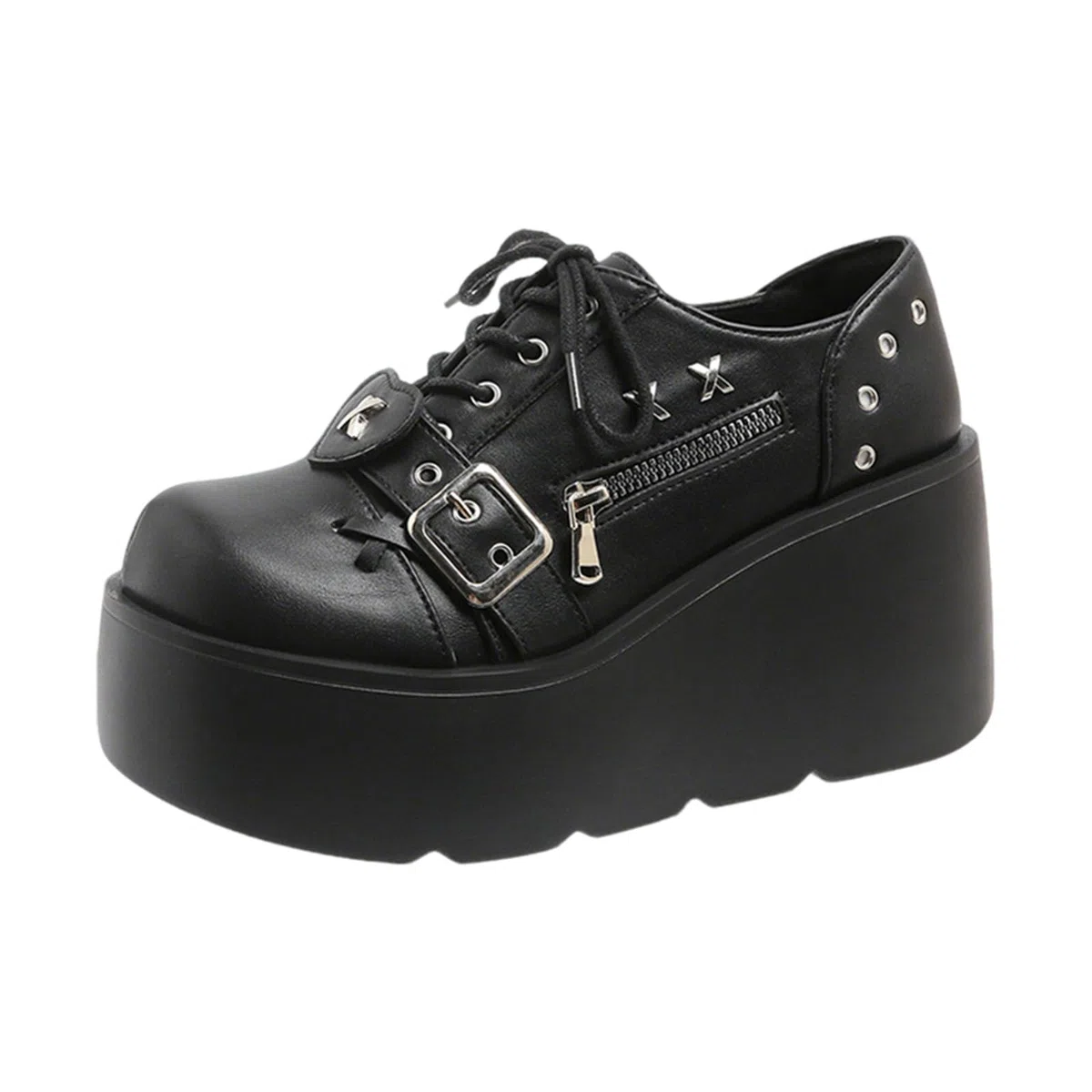 Punk Mary Jane Plateauschuhe Damen mit Nieten Schleifenkette Casual Gothic Leder Schwarz Rundspitze Blockabsatz für Jeans JK Kleid Röcke Halloween Reise Party Cosplay Dating