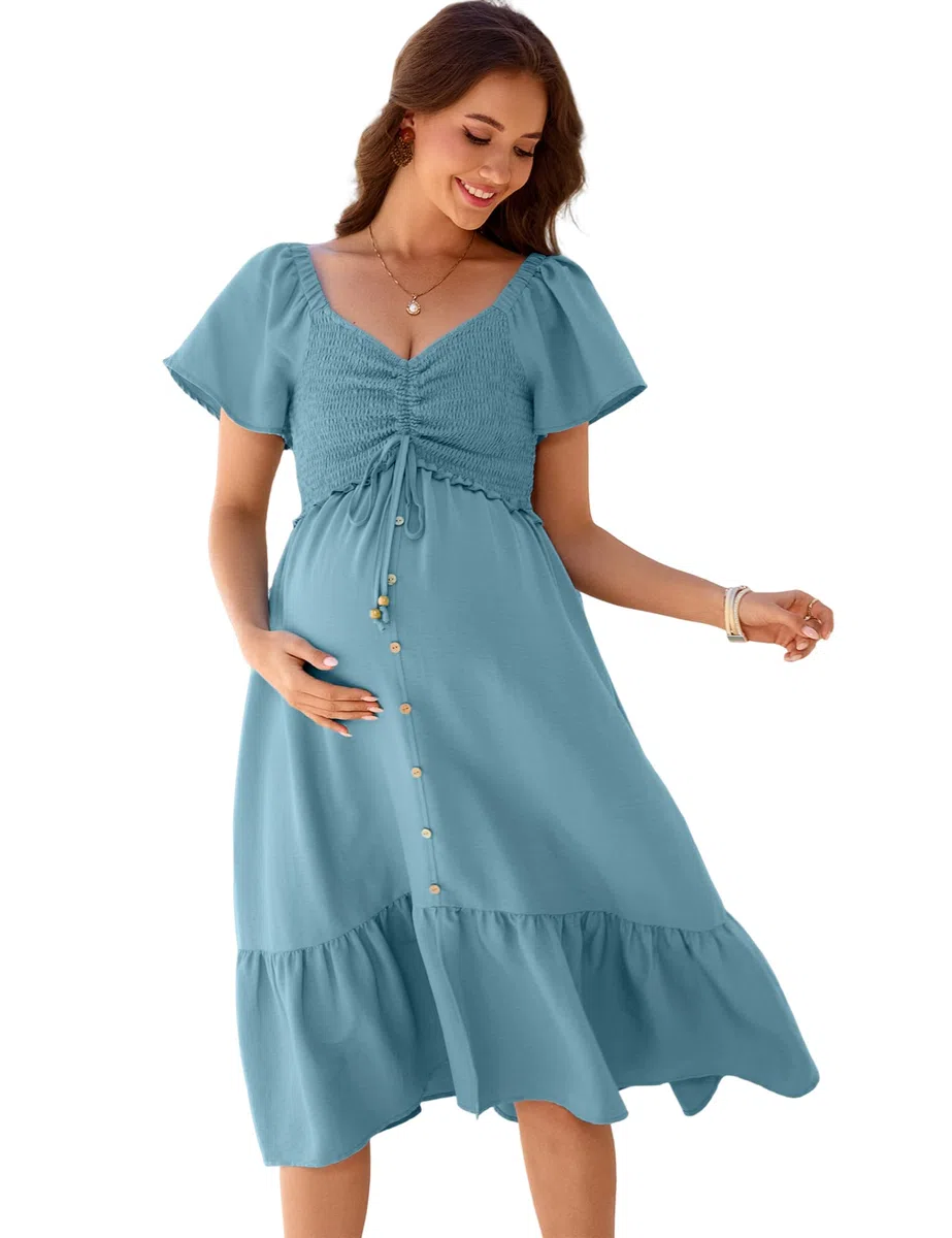 YesFashion Damen Umstandskleider Kurzarm Sommer Schwangerschafts Kleider für Schwangere Rüschen Maxi Stillkleid Umstandsmode Kleid(Verpackung MEHRWEG)