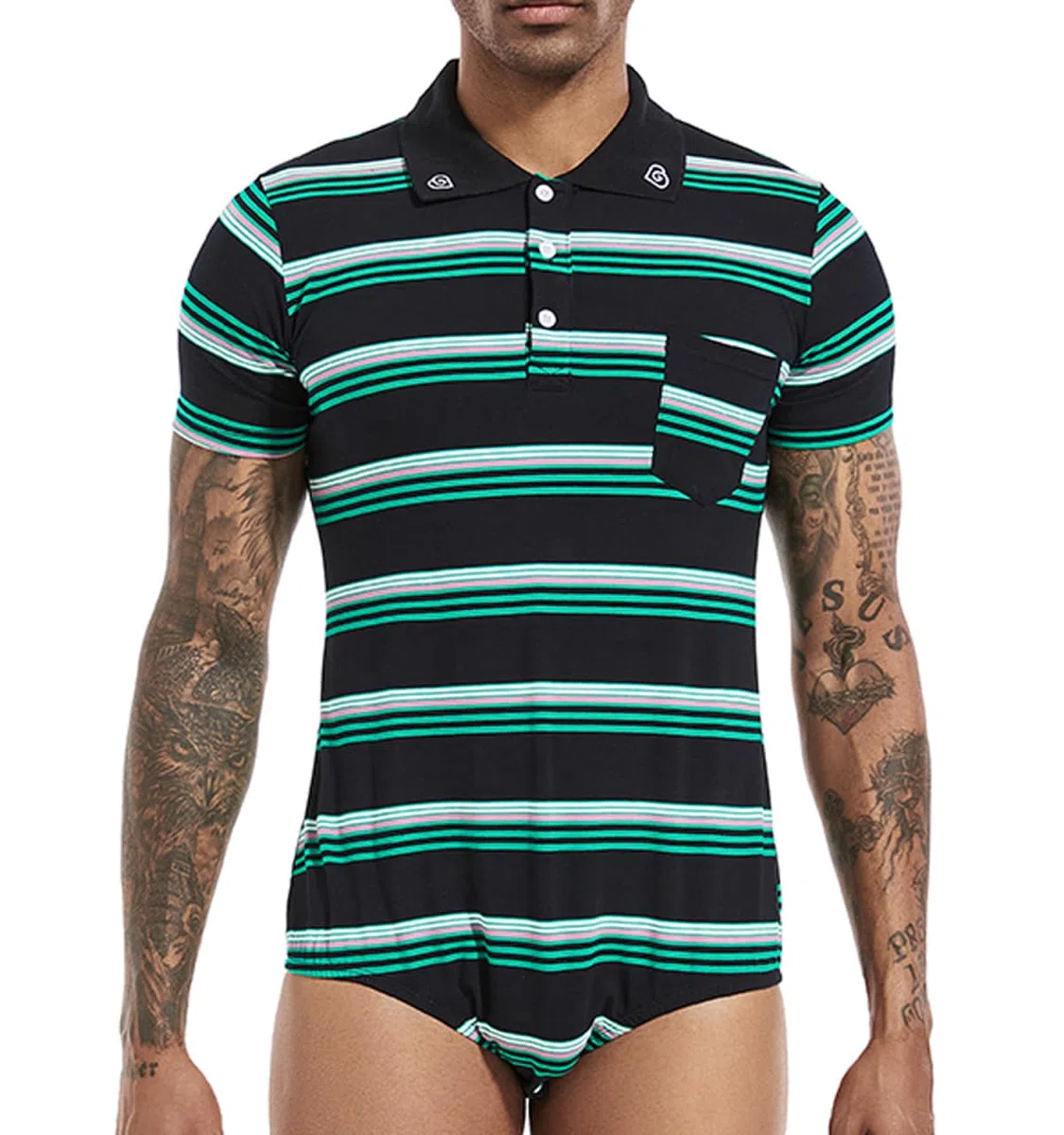 Landofgenie Herren Bodysuit Strampler Einteilige Für Männer Body Polo Shirt Pyjamas Press Botton Streifen Baumwolle Onesie Unterwäsche