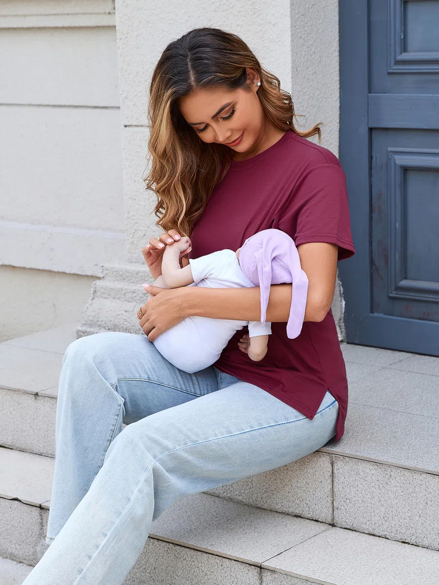 Ecavus 3er Pack Damen Stillshirt mit Verstecktem Reißverschluss Mode Seitenschlitze Stilltee Kurzen Umstandsmode