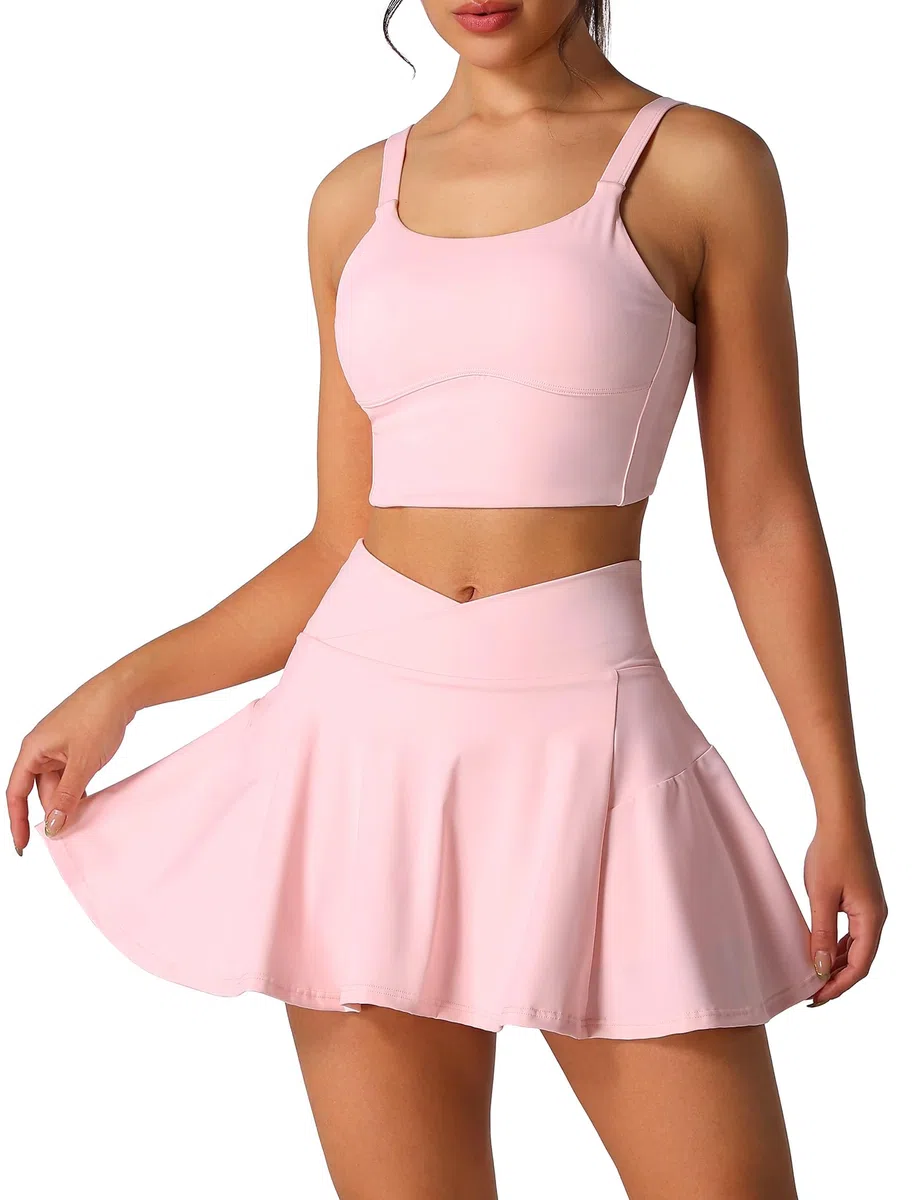 Tenniskleid Damen mit Hose und Taschen: Zweiteiler Sommerkleid Tennisrock + Träger Top mit integriertem BH - Sportkleid für Tennis Golf Yoga Gym