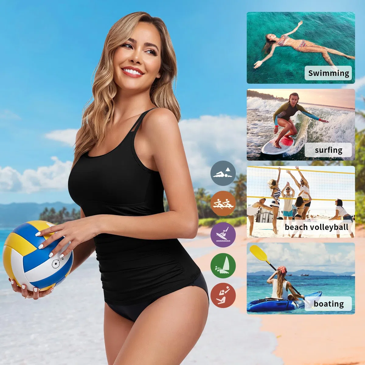 WOWENY Tankini Damen Bauchweg Badeanzug Oberteil Einzeln Bademode Elegant Swimsuit Gepolsterte Sommer Beachwear Sport Freizeit(Nur Tankini Oberteil)
