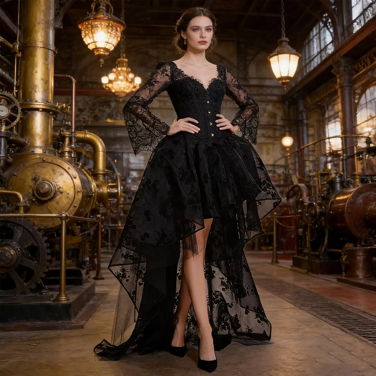 Damen Elegant Midi Skate Rock Schwarz Vintage Korsett Rock Lang Festlich Rock Hochzeit Cocktail Langrock