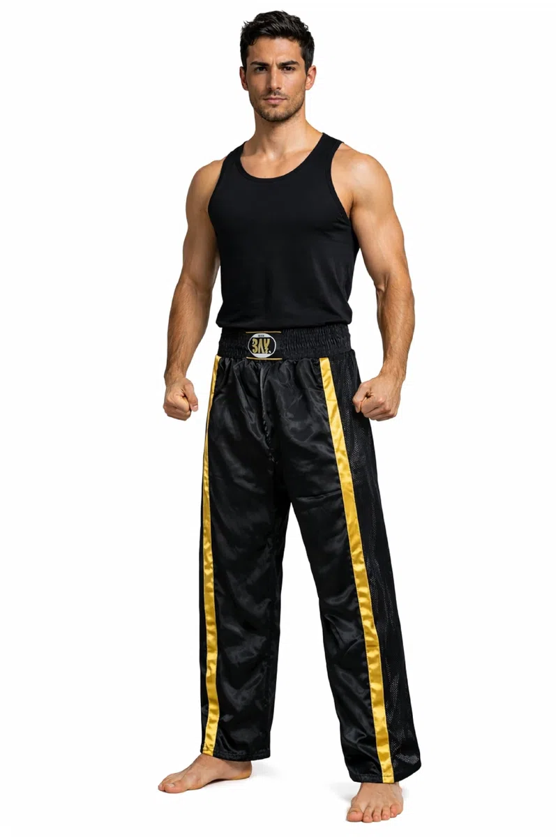 Bay Netz Mesh Kickboxhose Kampfsporthose Schwarz lang Mesh-Netzeinsatz Kontraststreifen in Gold seitlich Polyester Erwachsene Damen Herren Kinder Jungen Mädchen Größen 5XS - XXL