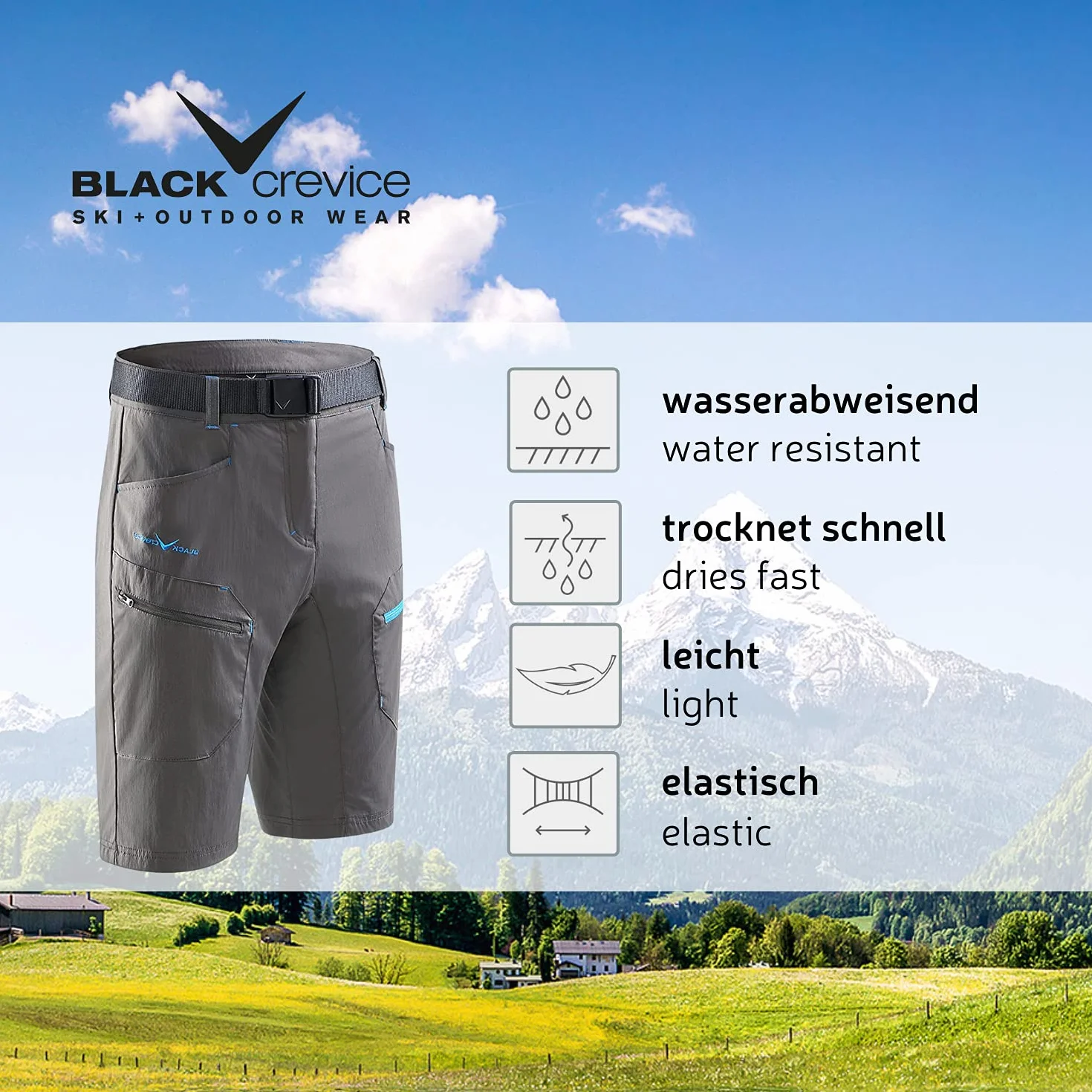 Black Crevice Trekking-Shorts Herren I Trekkinghose Herren kurz I Herren Outdoor-Shorts I wasserabweisend & schnelltrocknend I strapazierfähige & atmungsaktive Wander-Shorts mit Taschen