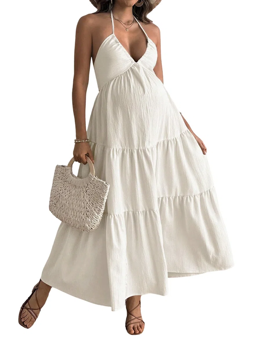 SweatyRocks Damen Boho Kleid Schwangere Maxikleid Neckholder Sommerkleid Rückefrei Umstandskleid Festlich Partykleid Sommer Outfits