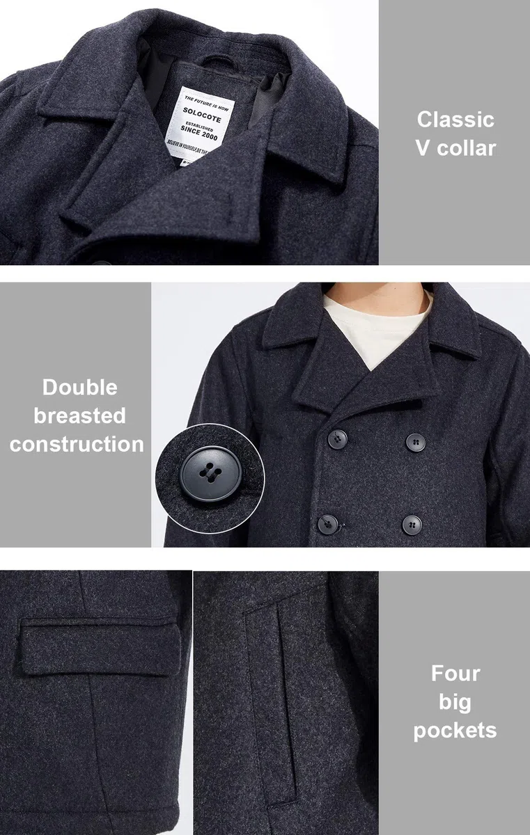 SOLOCOTE Jungen Mantel Elegante Kerbe Kragen Double Breasted Wolle Mischung über Erbsenmantel