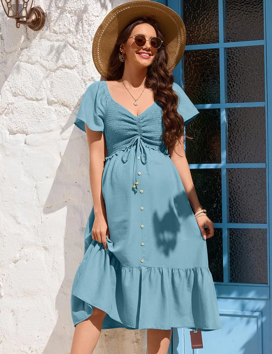 YesFashion Damen Umstandskleider Kurzarm Sommer Schwangerschafts Kleider für Schwangere Rüschen Maxi Stillkleid Umstandsmode Kleid(Verpackung MEHRWEG)