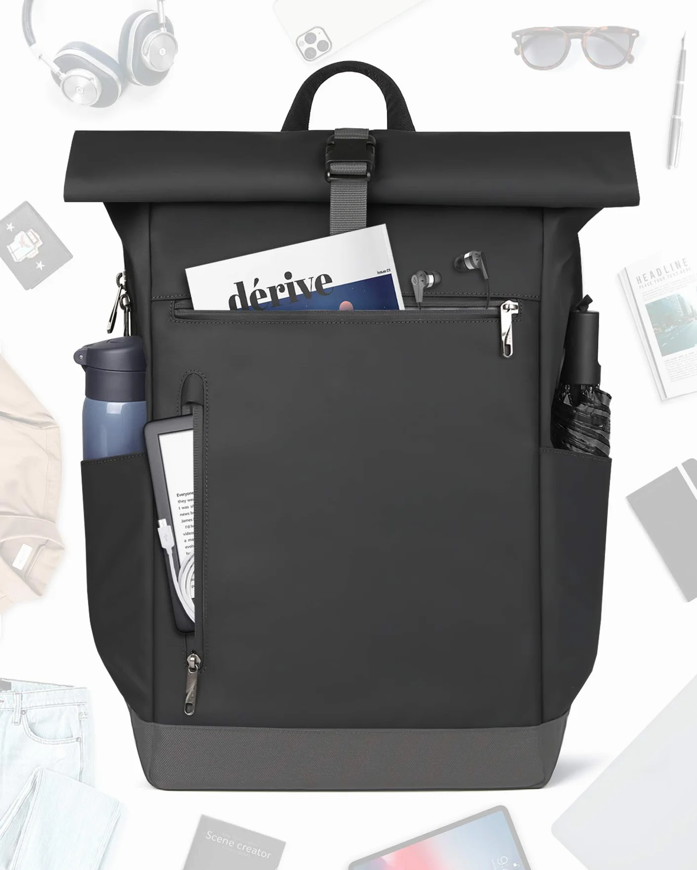 Inateck RollTop Rucksack Herren Damen 25L-30L Fahrradrucksack Schulrucksack für Uni Freizeit Job Sport Reisen, Stylische Tagesrucksack mit 17 Zoll Laptopfach, Schwarz