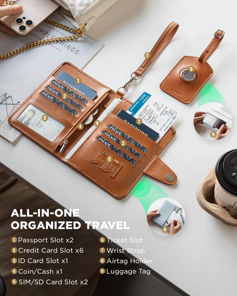 VULKIT Reisepass Organizer mit Airtag-Fach für 4 Pässe – 2-in-1 RFID Reiseorganizer Dokumente mit Gepäckanhänger, Hält Ausweis/6+ Karten/Reiseunterlagen/Bargeld (Braun, Familie 4 Personen)