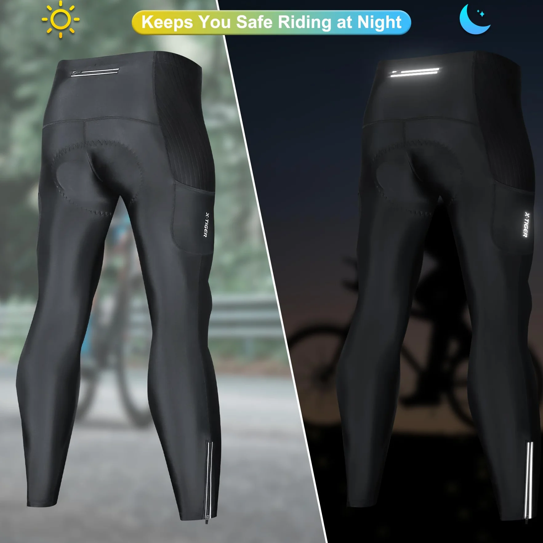 X-TIGER Fahrradhose Herren Lang mit 5D Sitzpolster,Radlerhose Herren Lang Atmungsaktive Schnelltrocknende Radhose mit 3 Taschen