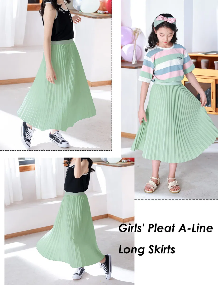 Maeau Mädchen Plisseerock Einfarbiger, Faltenrock Chiffon Gummizug in der Taille, Rock Lang für Freizeit/School/Strand/Party/Tanz, mit Weichem Futter, 4–16 Jahre/110-165cm
