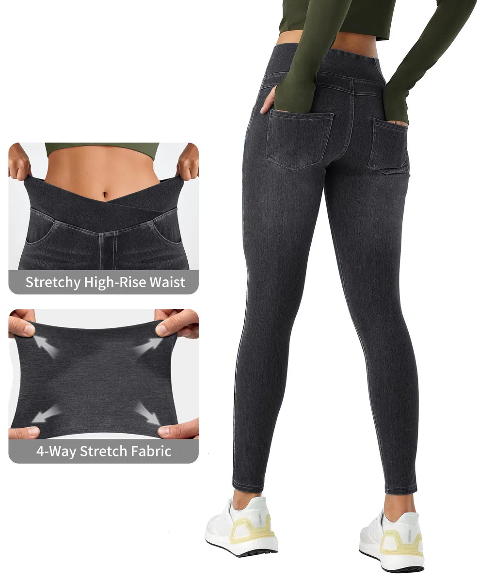 LaiEr Damen V Crossover Skinny Jeans Hohe Taille Bauchkontrolle Casual Fitness Leggings, Weich und elastisch Casual Faux Denim Print mit Seitentaschen