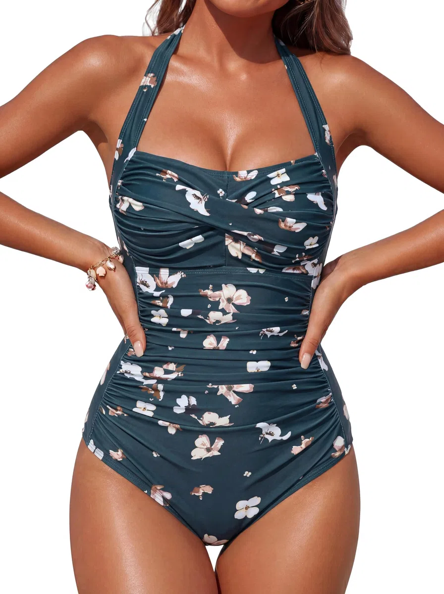 Smismivo Badeanzug Damen Bauchweg Push Up Schwimmanzug mit Retro Schlankheits Raffung Vintage Einteilige bademode Swimsuits for Women