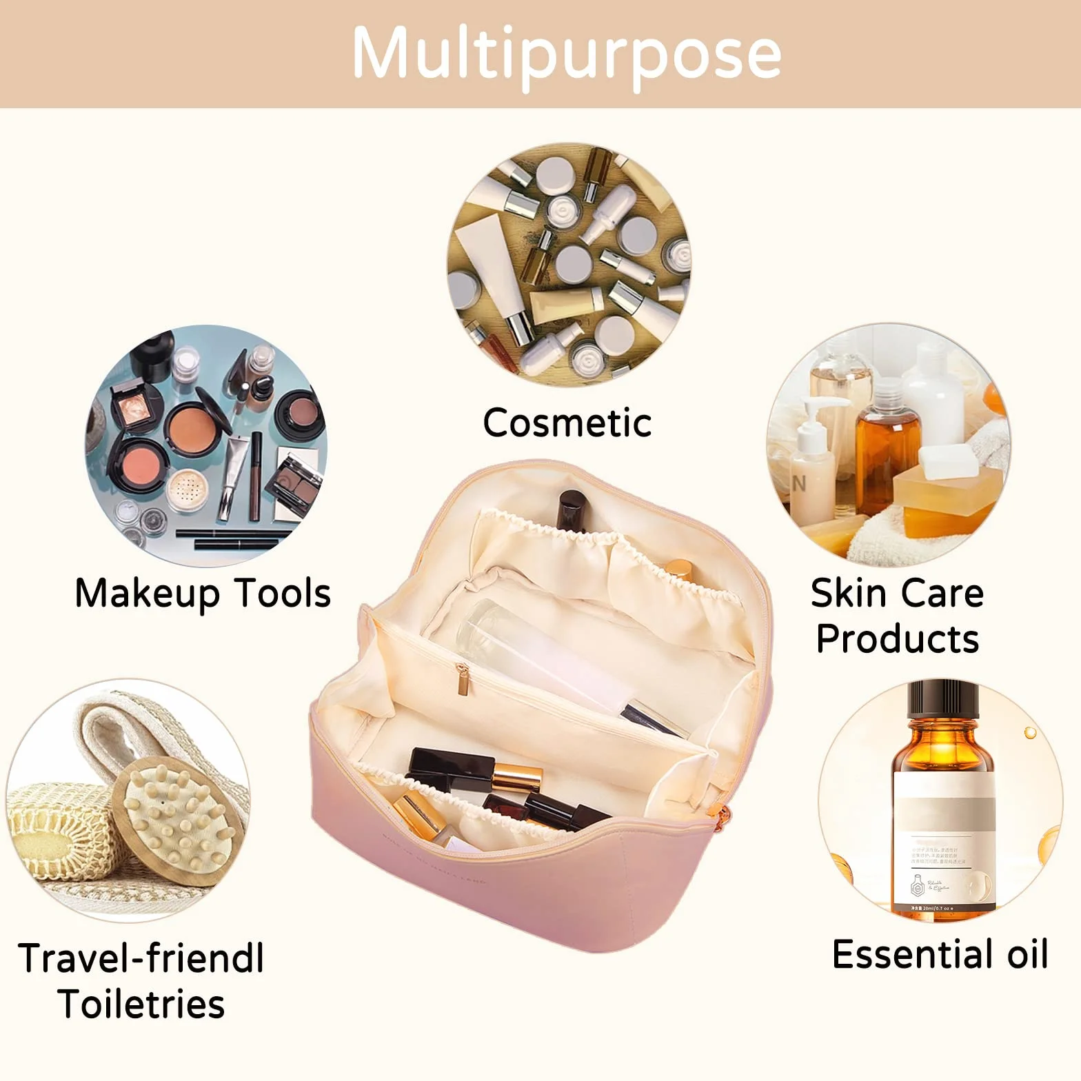 CORIOS Große Kapazität Kosmetiktasche Wasserdicht Kulturtasche Leder Schminktasche Multifunktions Kulturbeutel Tragbare Make-up-Tasche für Damenkosmetik Accessoires und Toilettenartikel Braun