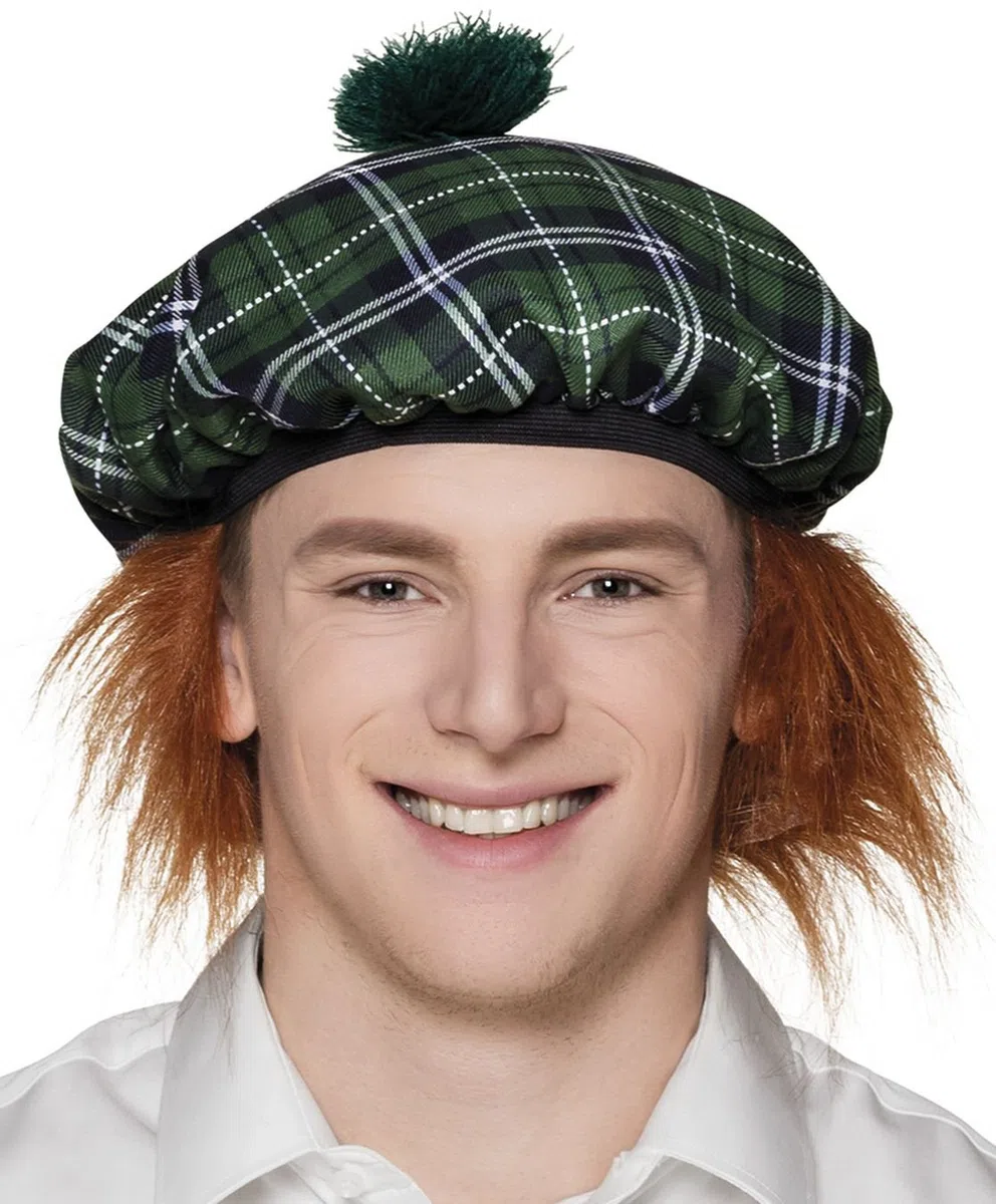 Boland - Barett Mister Tartan, Mütze mit Haar, Karo-Muster, Schotten-Kostüm, Accessoire, Karneval, Mottoparty, Grün (Packung mit 6)