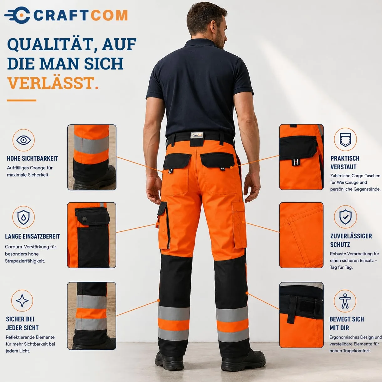 Generisch CraftGear Arbeitshose Herren - Arbeitshosen Männer Orange Verstärkt mit Cordura Knieschutz Reflektierend mit Cargo-Taschen für Handwerker Warnhose