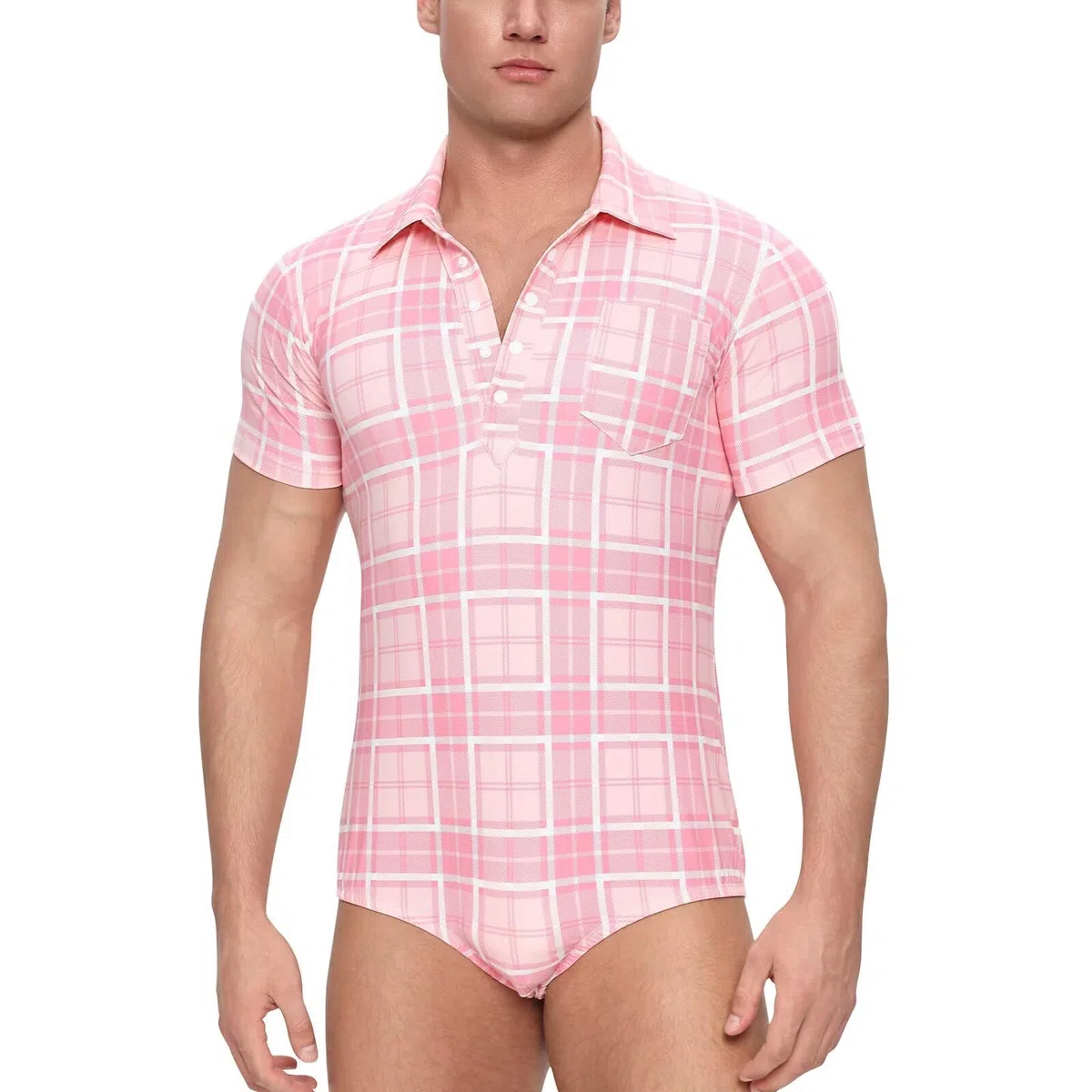 Landofgenie Herren Onesie Pyjama Kurzarm mit Polo-Kragen & Druckknöpfen im Schritt - Pink Karo