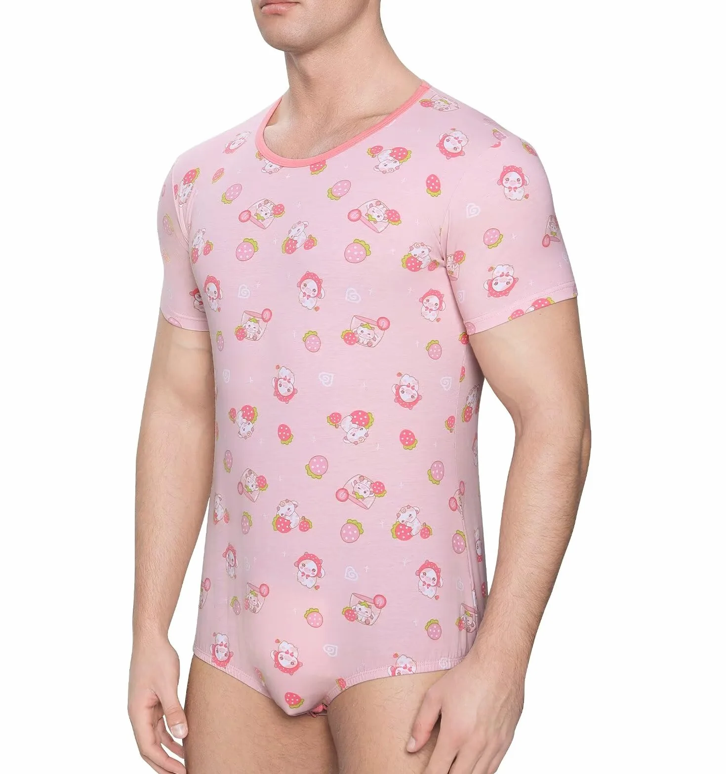 Landofgenie Kurzärmeliger Herren-Bodysuit Einteiliges T-Shirt Bedruckter Pyjama Leotard Atmungsaktive Baumwolle Onesie Erdbeer Kuh
