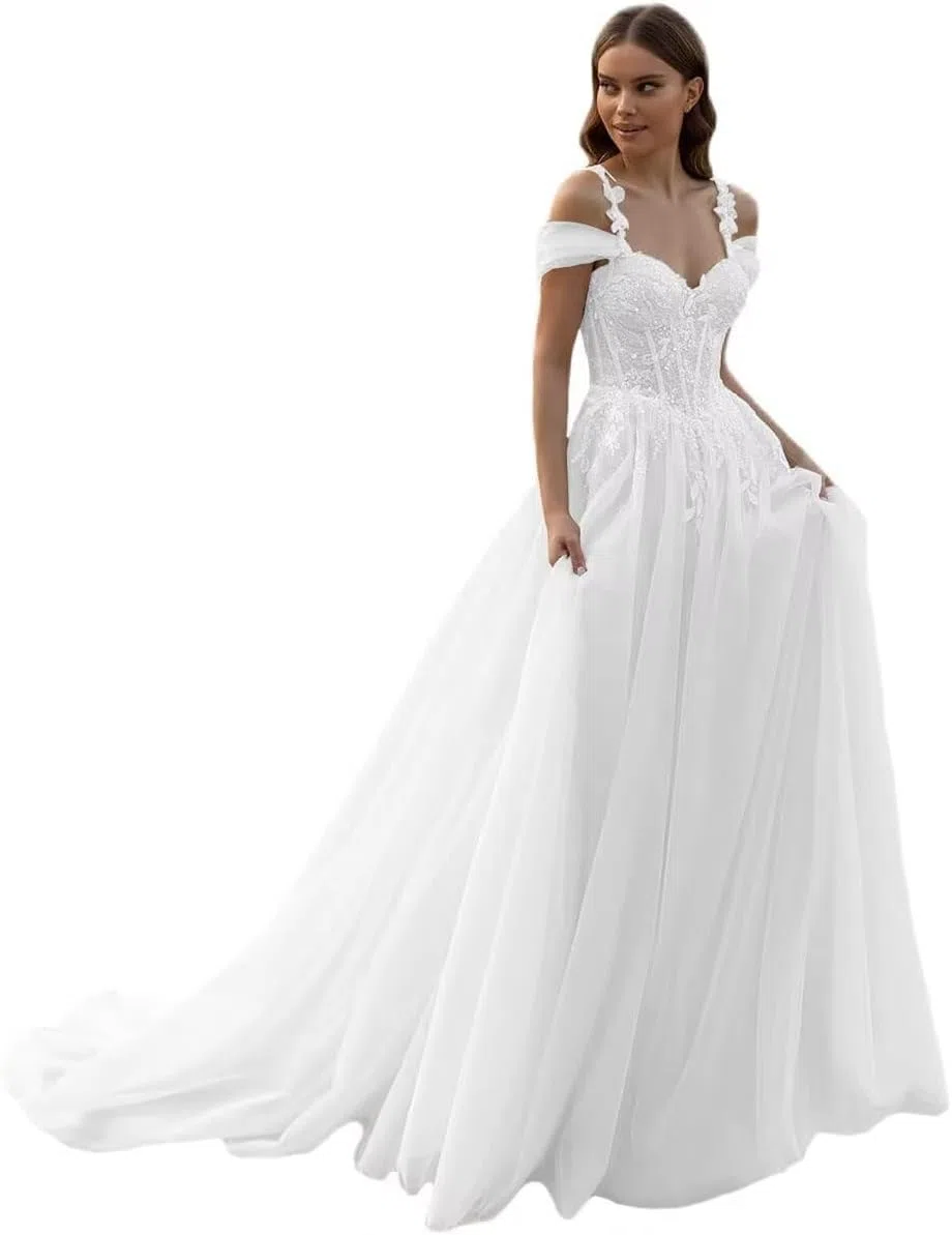 Damen Tüll Brautkleider Lang Elegant Hochzeitskleider A Linie Prinzessin Glitzer Mit Spitze V-Ausschnitt Trauung Kleid Ärmellos