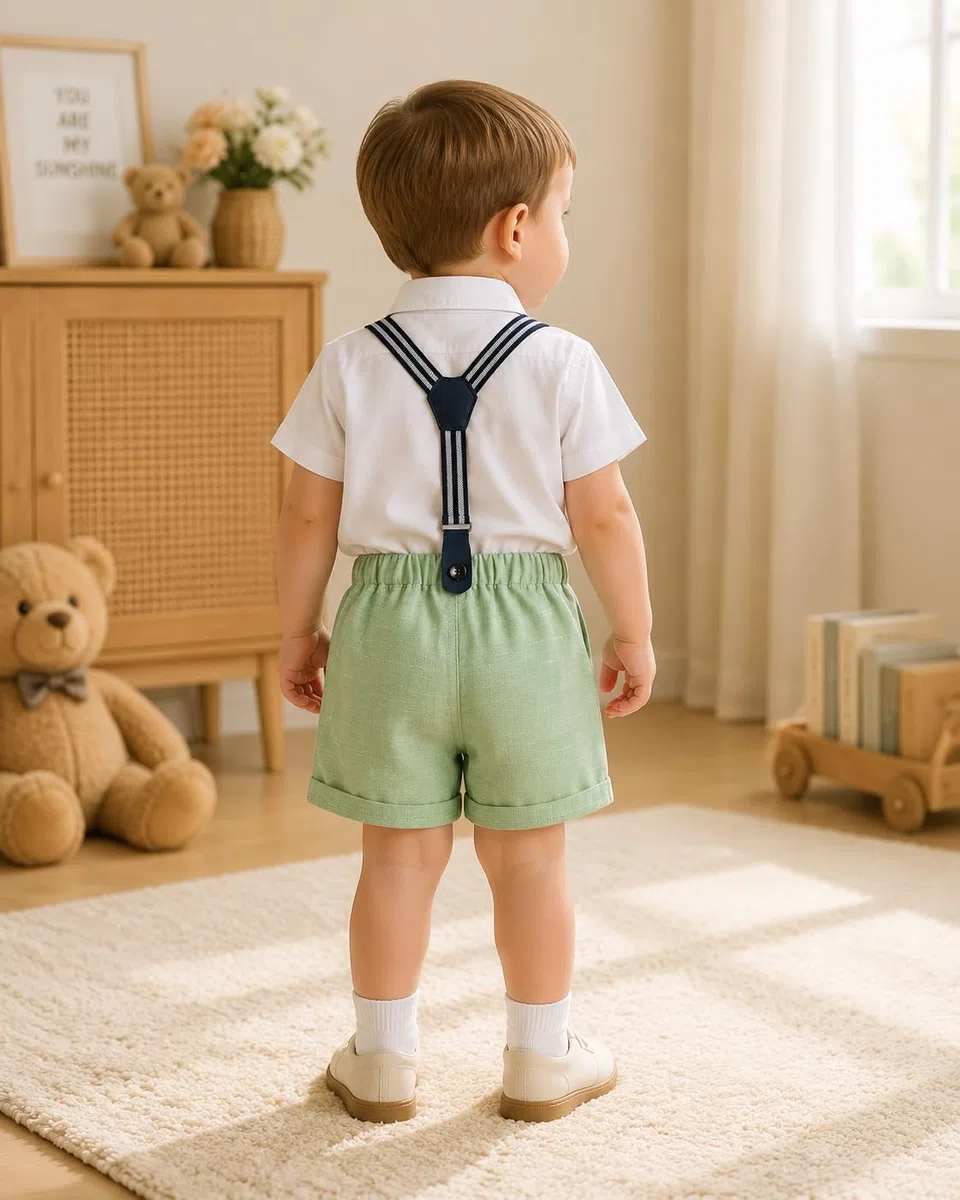 mintgreen Baby Jungen Anzüge, Neugeborenes Hemd Hose Taufe Gentleman Outfit Kurzarm Passen mit Strap, 1–4 Jahre