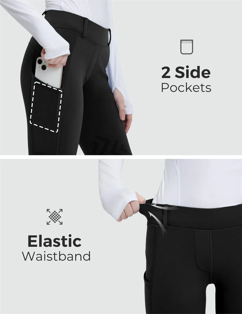 FitsT4 Sports Kinder Winterreithose Winter Reitleggings Mädchen Kniescheibe Silikon Thermo Reithose mit Handytasche und Taschen