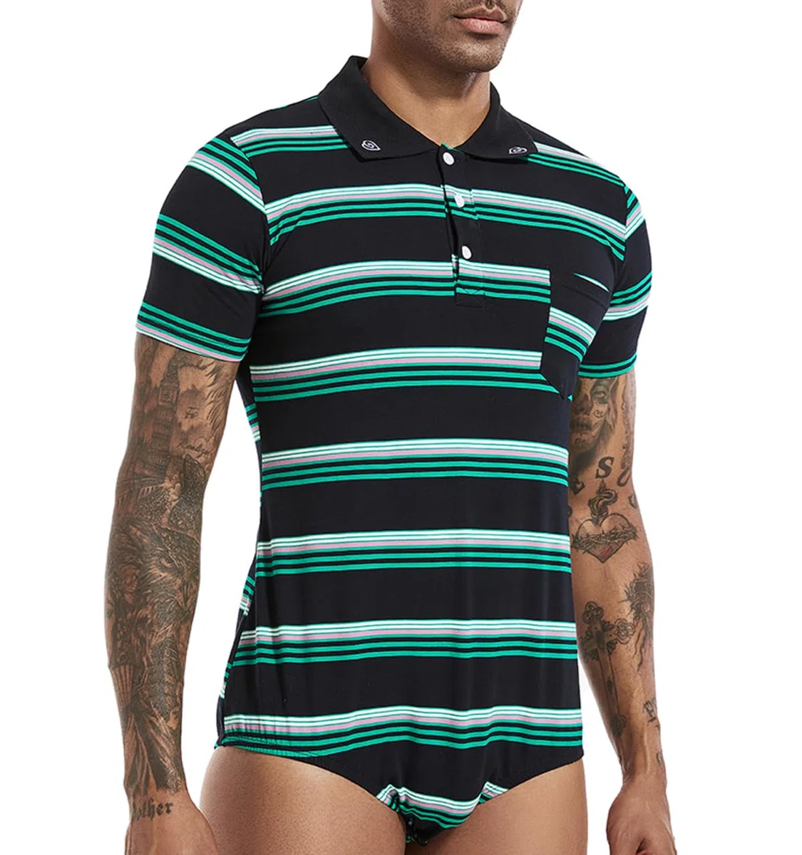 Landofgenie Herren Bodysuit Strampler Einteilige Für Männer Body Polo Shirt Pyjamas Press Botton Streifen Baumwolle Onesie Unterwäsche