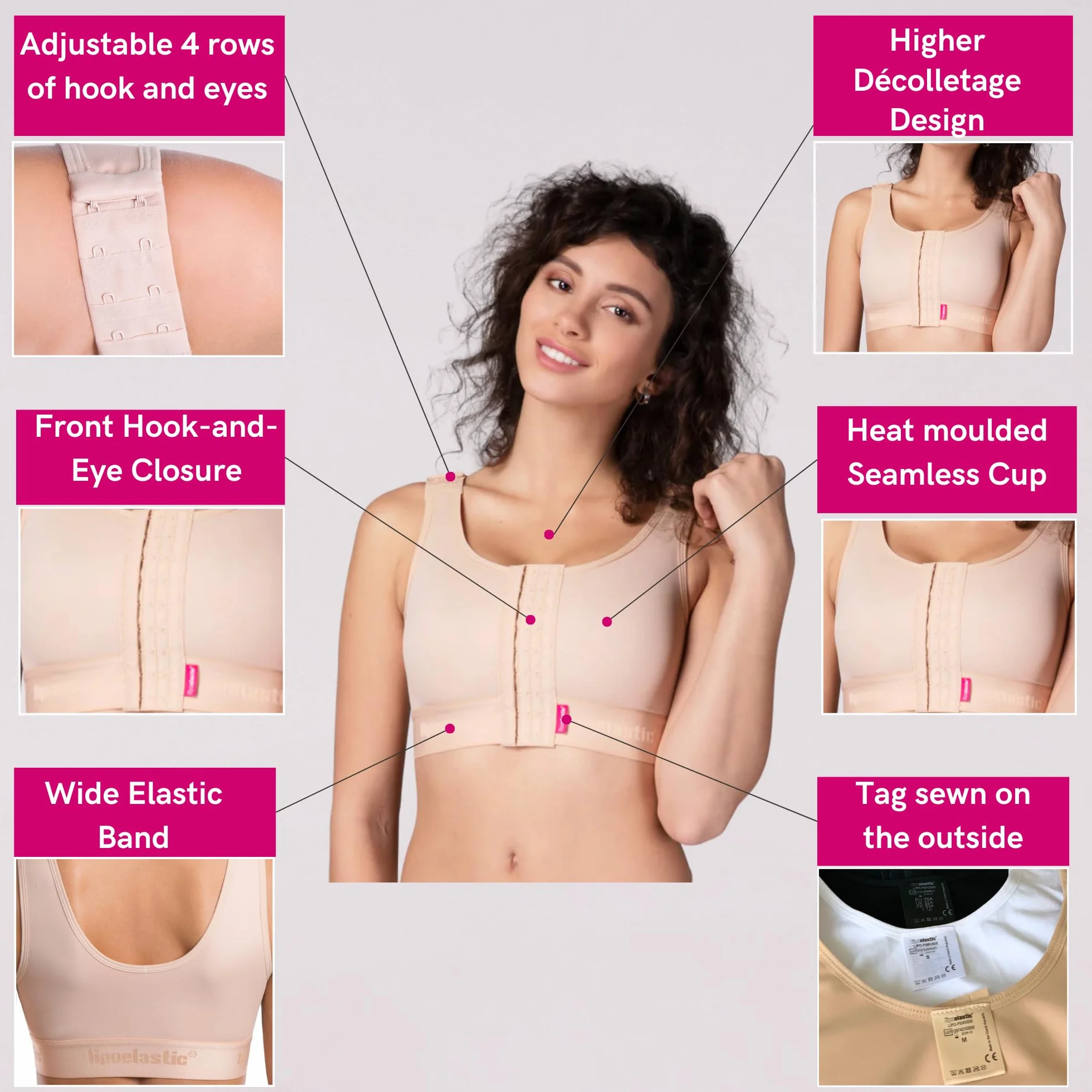 PI Ideal Postoperative Kompressions-BH - Nahtloser Baumwolle BH für Brustoperationen, Schwarz/Beige, verstellbare Träger