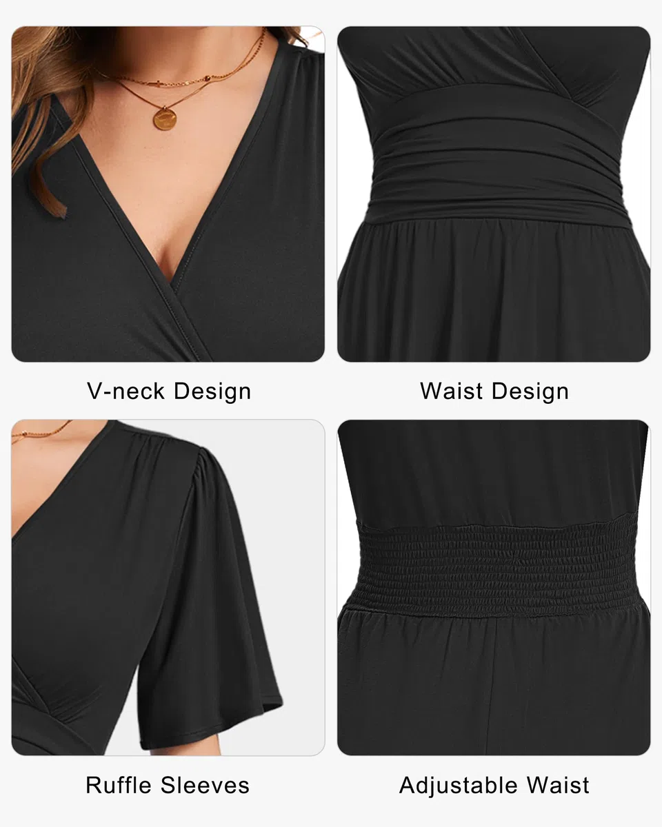 WNEEDU Sommerkleider Damen Elegant Kleid Rüschenärmel V-Ausschnitt Empire Taille Leichte Sommerkleider Luftige Strandkleider Damen mit Taschen
