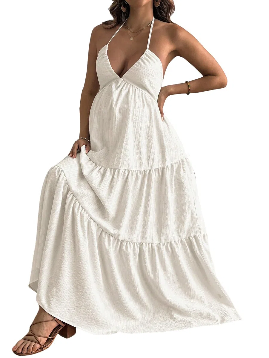 SweatyRocks Damen Boho Kleid Schwangere Maxikleid Neckholder Sommerkleid Rückefrei Umstandskleid Festlich Partykleid Sommer Outfits