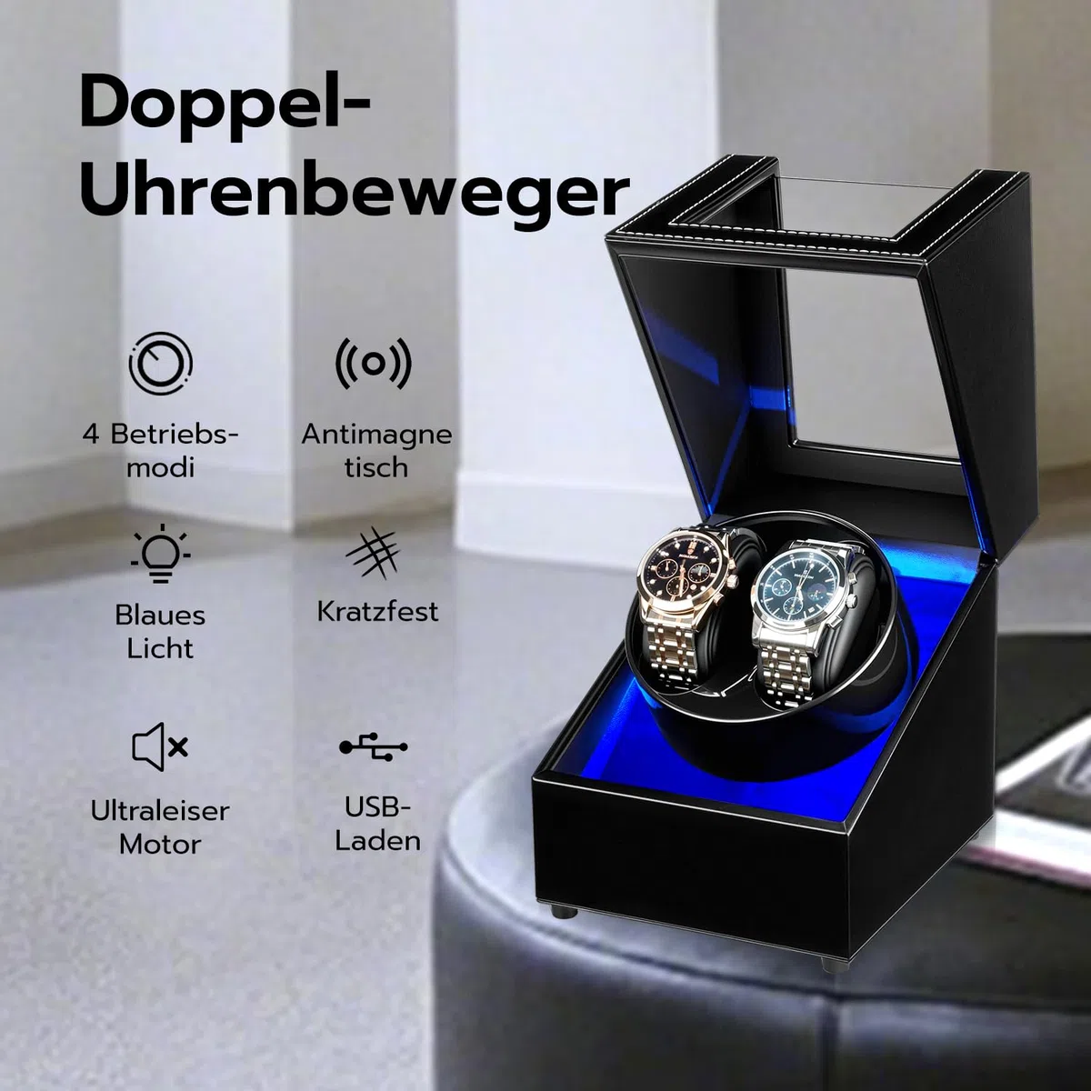 Mcbazel Uhrendreher 2 Uhren Automatik, Watch Winder Box mit LED-Licht 5 Modi Automatisch Drehbares Automatische Uhrenbeweger Leiser PU Leder für Automatikuhren Herren Damen – Schwarz