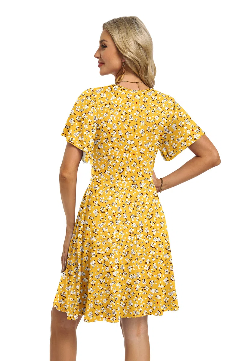 PLMOKEN Sommerkleid Damen Kurz Wickel Kleid Damen Sommer Empire Taille Kurzarm Strandkleid Luftig Fließendes Kleid mit V Ausschnitt Blume und Taschen