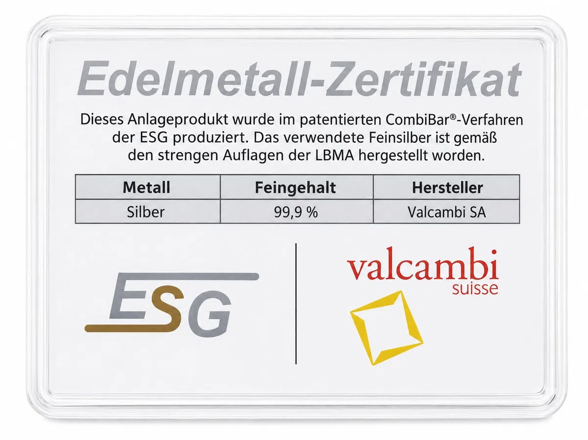 Silbertafel mit 5 x 1 Gramm Valcambi 999 Silberbarren CombiBar in Box World of Coins
