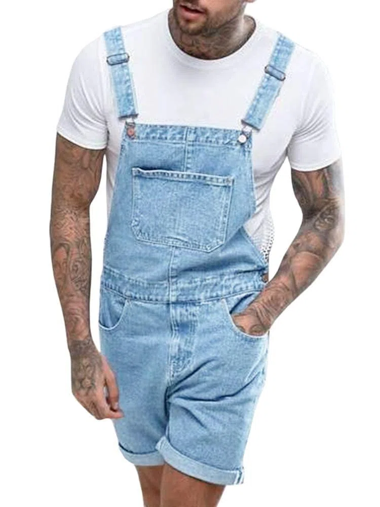 Runcati Herren Latzhose Baumwolle Jeans Overall Kurze Arbeitshose Loose Fit Männer Denim Jumpsuit mit Taschen