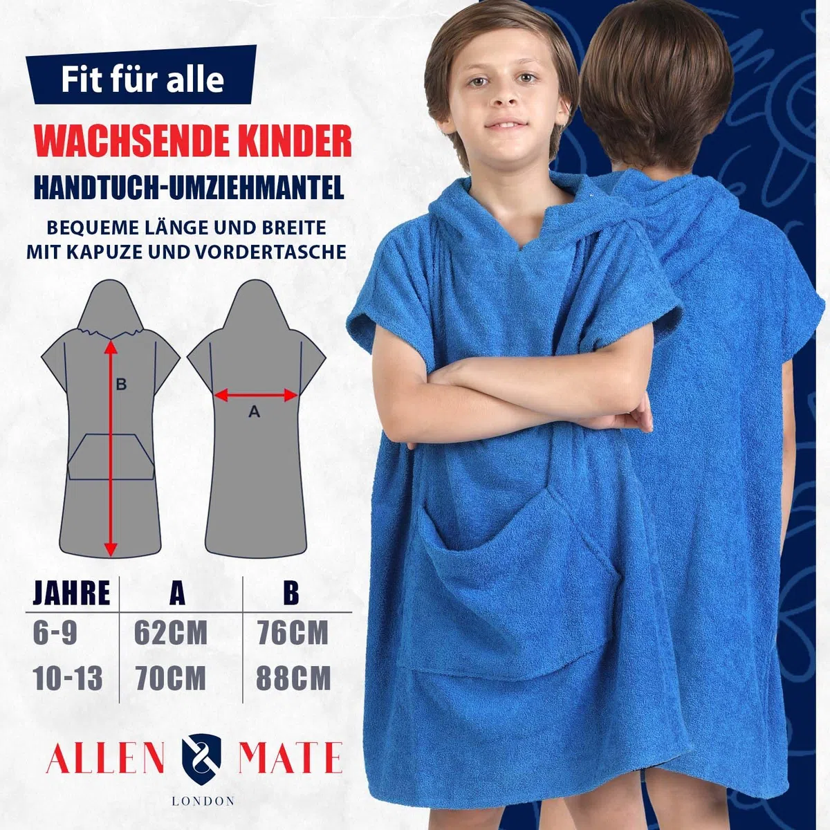 ALLEN & MATE 100% BAUMWOLLE Kinder-Strandtuch-Poncho – Übergroßer, schnelltrocknender Bademantel zum Umziehen mit Kapuze und Tasche für Jungen und Mädchen