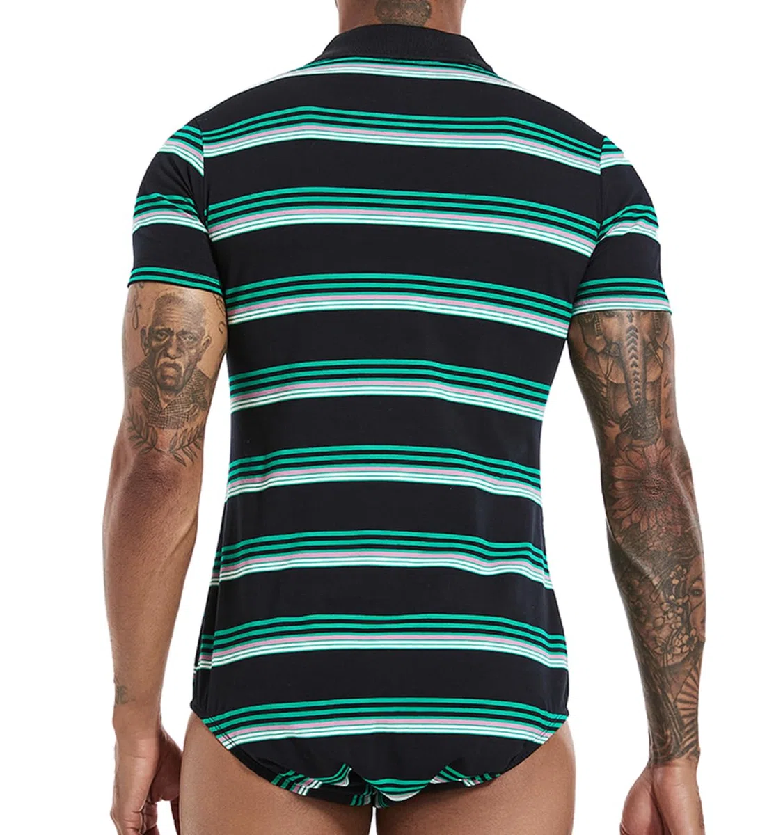Landofgenie Herren Bodysuit Strampler Einteilige Für Männer Body Polo Shirt Pyjamas Press Botton Streifen Baumwolle Onesie Unterwäsche