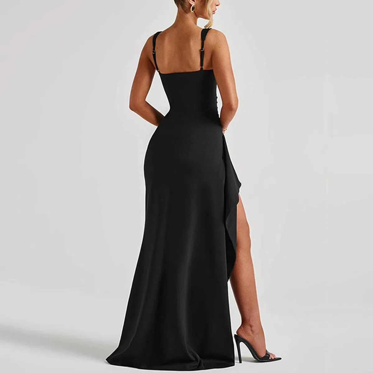 Damen Abendkleid Lang Sexy Ärmellos Maxikleid mit Schlitz Elegant Quadratischer Ausschnitt Wickelkleid Bodycon Festliche Sommerkleid Eng Hochzeit Cocktailkleid Ballkleid Partykleid