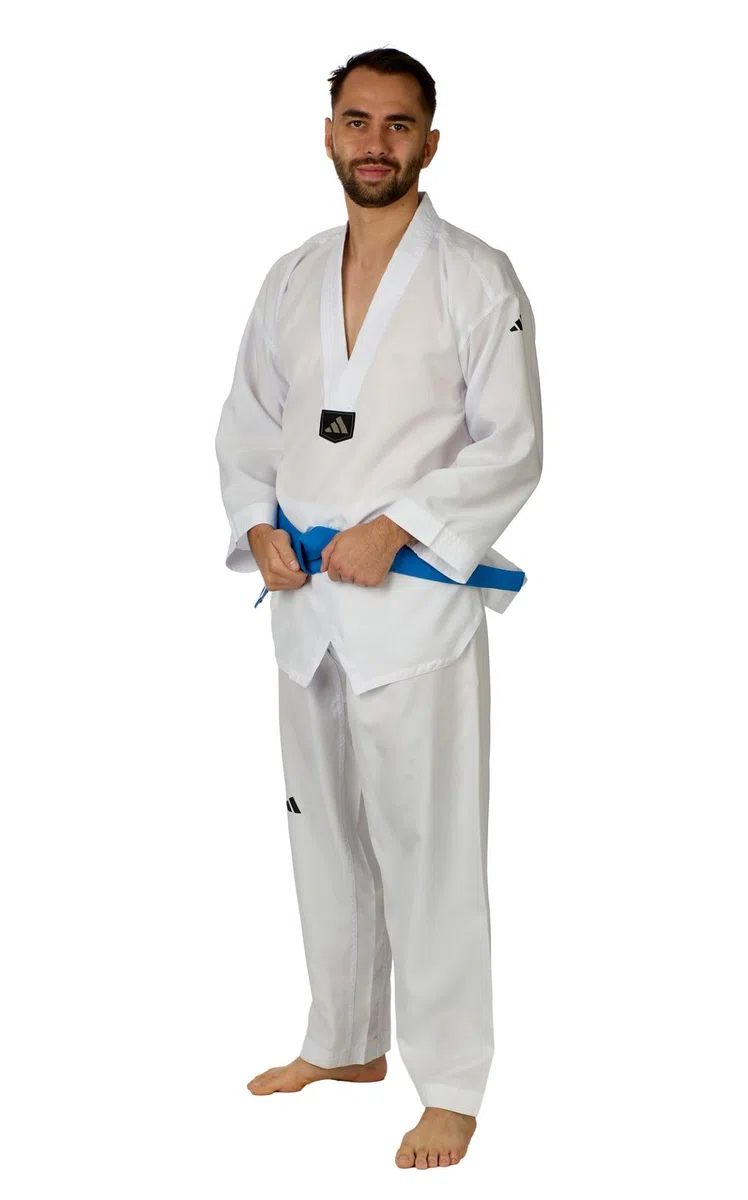 adidas Taekwondoanzug Beginner | Leichter Einsteiger Dobok für Kinder und Erwachsene | inklusive Gürtel | Revers Weiß | für Training und Kyorugi | für Körpergröße 100-190 cm