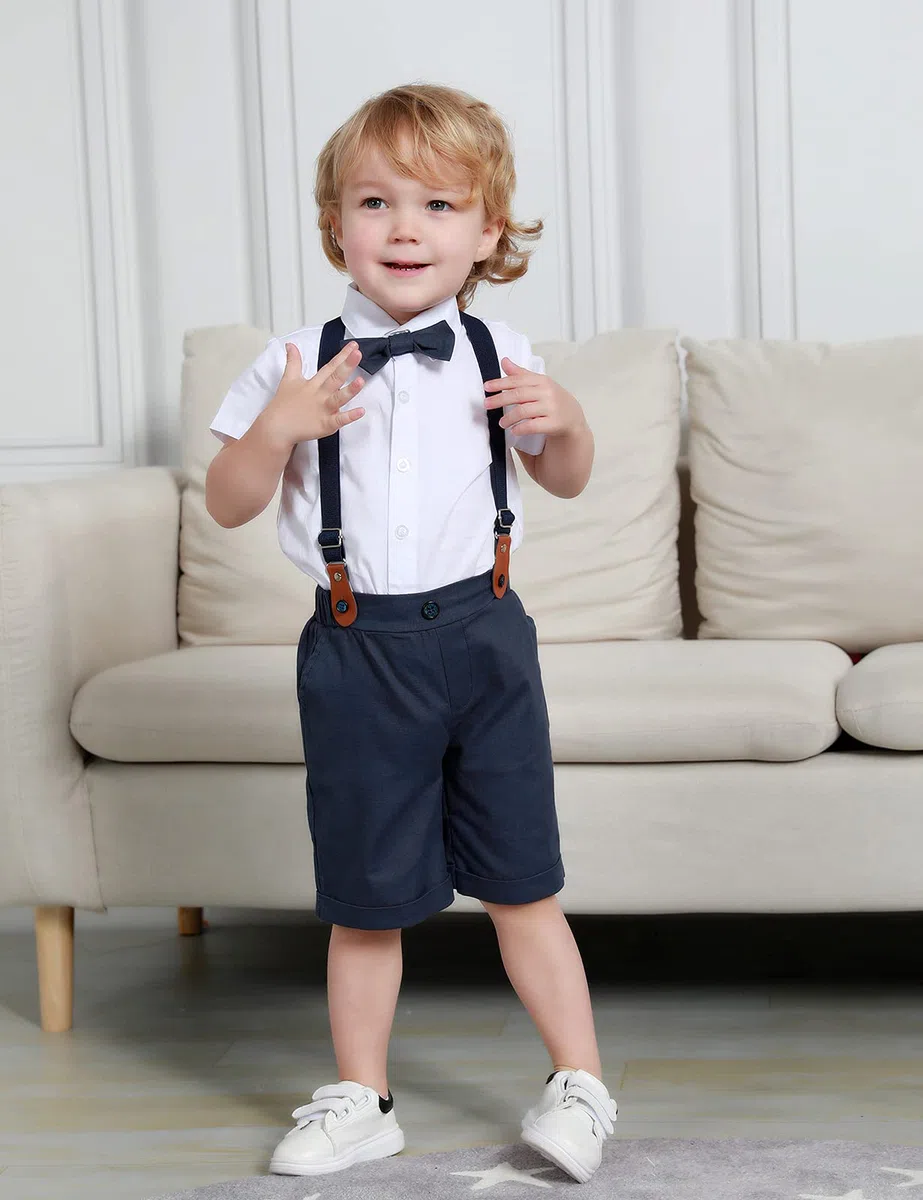 mintgreen Baby Junge Anzüge Ostern Outfit Gentleman Kurzärmeliges Hemd Hose Satz mit Fliege Hosenträger, 3-18 Monate, 60-90