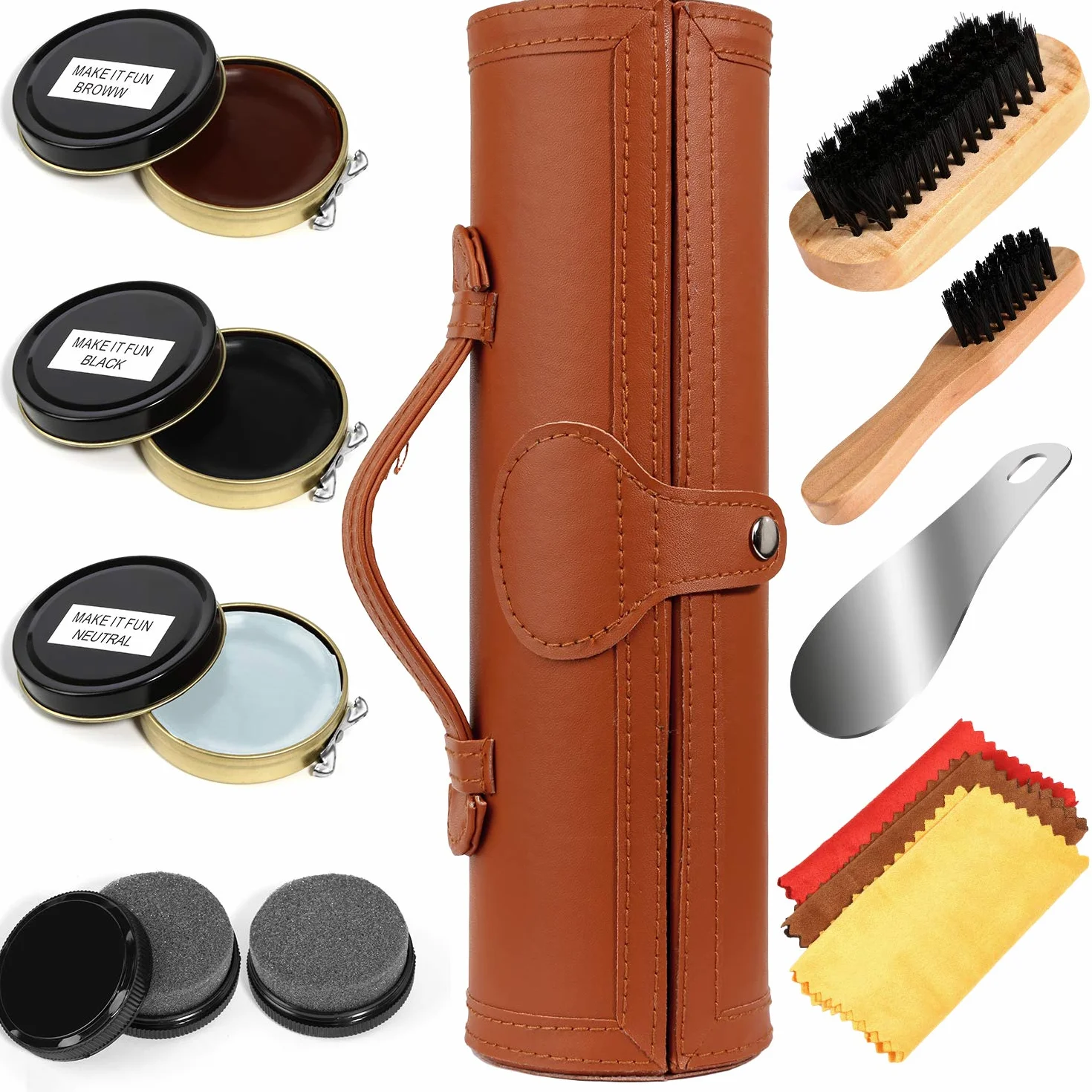 Schuhputz-Set mit einem glatten und eleganten PU Etui, Schuhputz-Reise Set mit Bürste, bestehend aus 12 Teilen