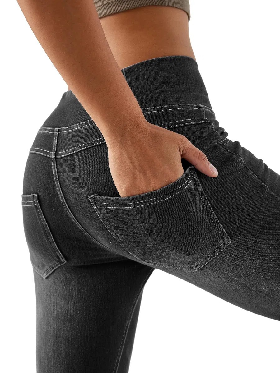 LaiEr Damen V Crossover Skinny Jeans Hohe Taille Bauchkontrolle Casual Fitness Leggings, Weich und elastisch Casual Faux Denim Print mit Seitentaschen